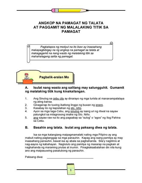pagtukoy sa detalye ng binasa talata worksheets